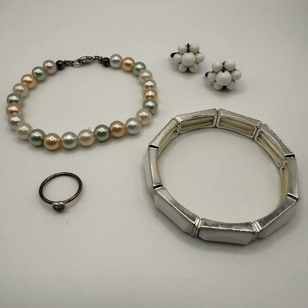 Lot of Jewelry Bracelets Ring Earrings Faux Pearl Pastel Some Vintage